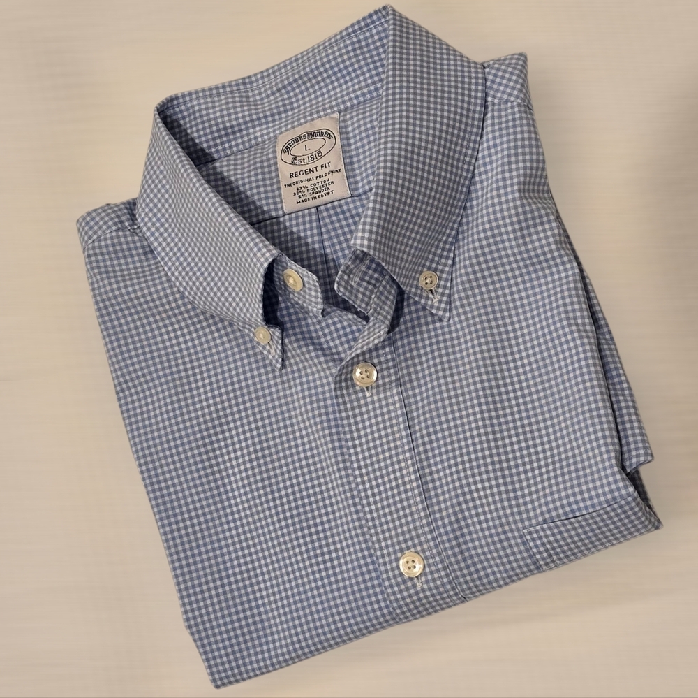 Brooks Brothers Regent Light Blue Gingham Short Sleeve Shirt - Men's Large